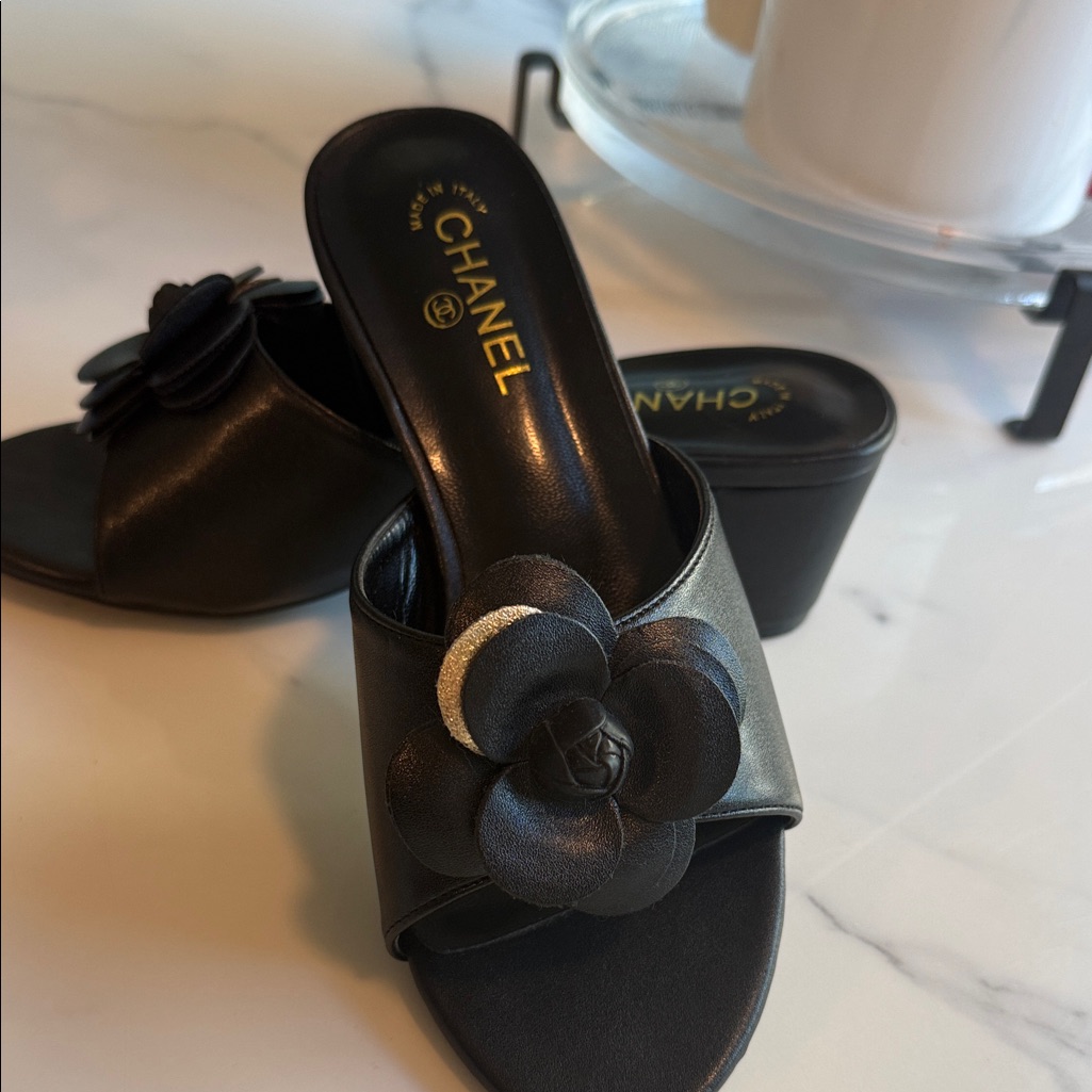 Chanel Black Leather Camellia Slide Mules 36